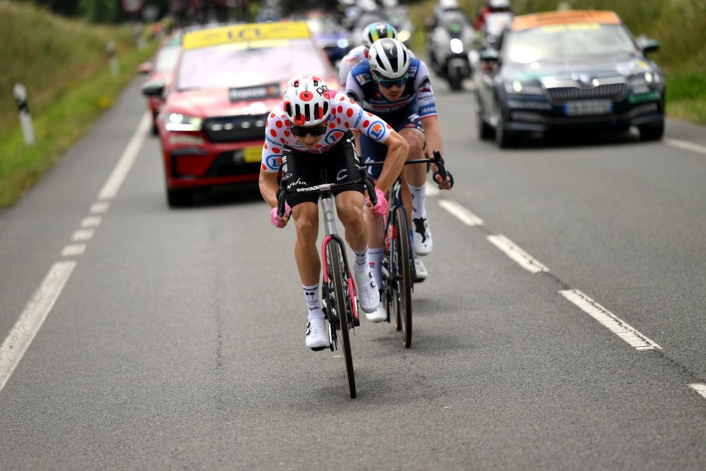 SAN SBASTIN SPAIN JULY 02 Neilson Powless of The United States and Team EF EducationEasyPost Polka Dot Mountain Jersey leads the breakaway during the stage two of the 110th Tour de France 2023 a 2089km stage from VitoriaGasteiz to San Sbastin UCIWT on July 02 2023 in San Sbastin Spain Photo by David RamosGetty Images