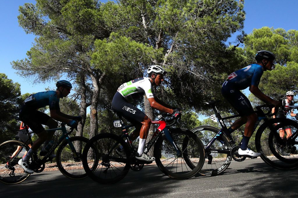 BALCON DE ALICANTE SPAIN AUGUST 20 Egan Arley Bernal Gomez of Colombia and Team INEOS Grenadiers white best young jersey competes during the 76th Tour of Spain 2021 Stage 7 a 152km stage from Ganda to Balcn de Alicante 995m lavuelta LaVuelta21 on August 20 2021 in Balcn de Alicante Spain Photo by Gonzalo Arroyo MorenoGetty Images