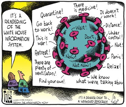 Political Cartoon U.S. Trump White House Coronavirus misinformation chaos democracy