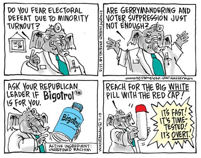 Political Cartoon U.S. GOP Drug Ad Bigotrol Bigotry Gerrymandering