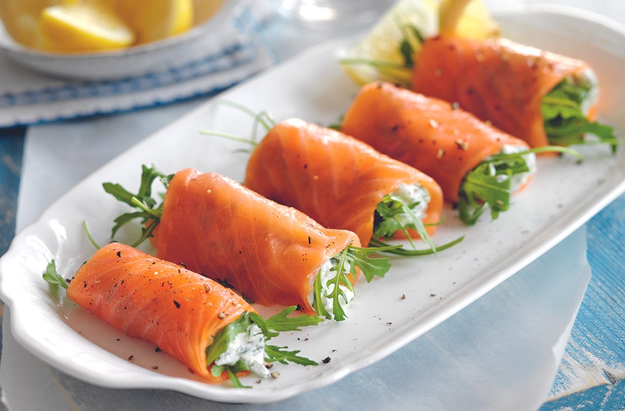 Smoked salmon, cottage cheese and rocket rolls