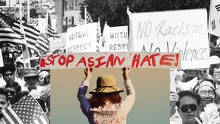 person holding sign that reads stop asian hate collaged on top of an image of a aapi protest from 1972