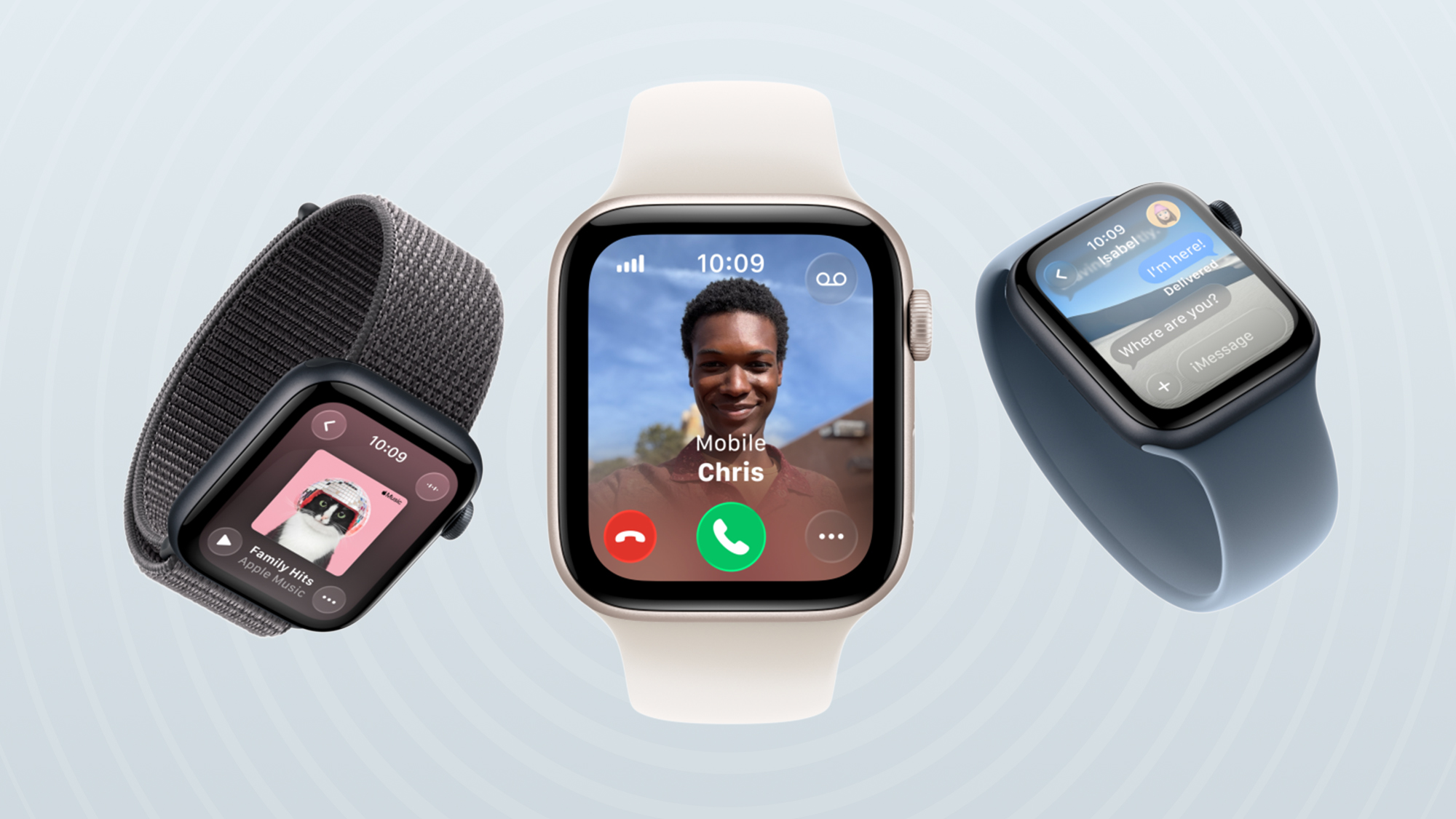 Three variants of the Apple Watch SE 3 on a pastel bluish-grey background