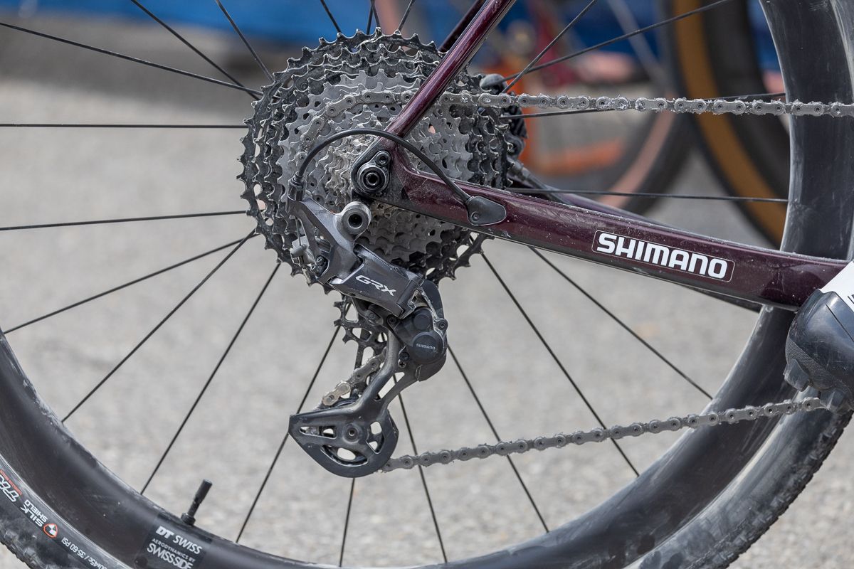 A close up of Taylor Lideen&#039;s bike showing the new Shimano GRX 12-speed groupset