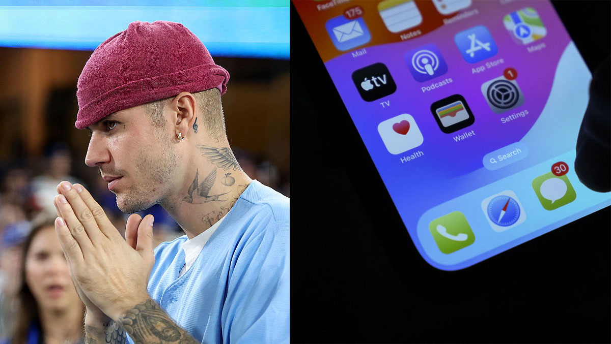 Justin Bieber in a red hat next to image of iMessage icon on iPhone
