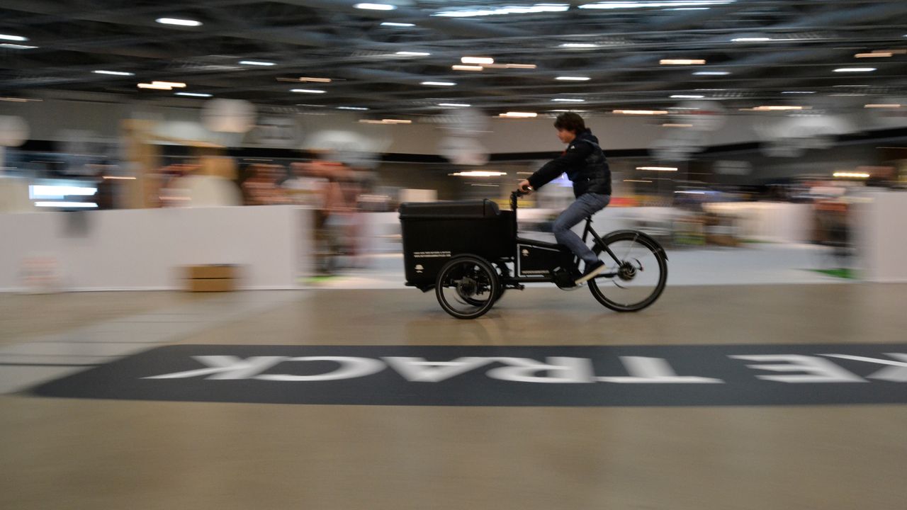 The indoor test track was busy all weekend. This Butchers &amp; Bikes leaning electric-boosted cargo bike was thundering up and down with alarming pace