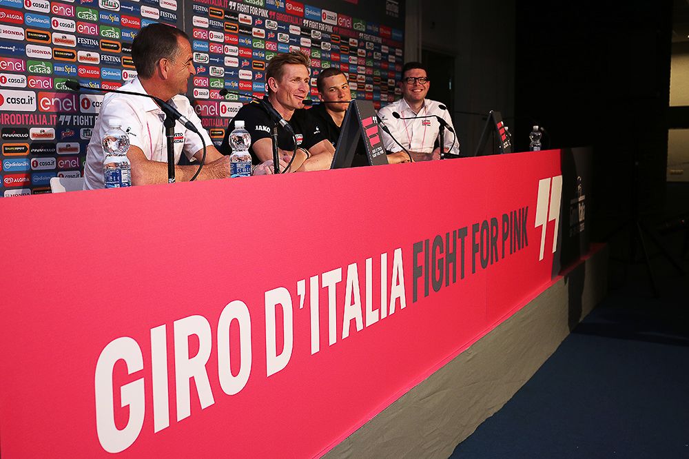 Tim Wellens and Andre Greipel represented Lotto Soudal at the press conference.