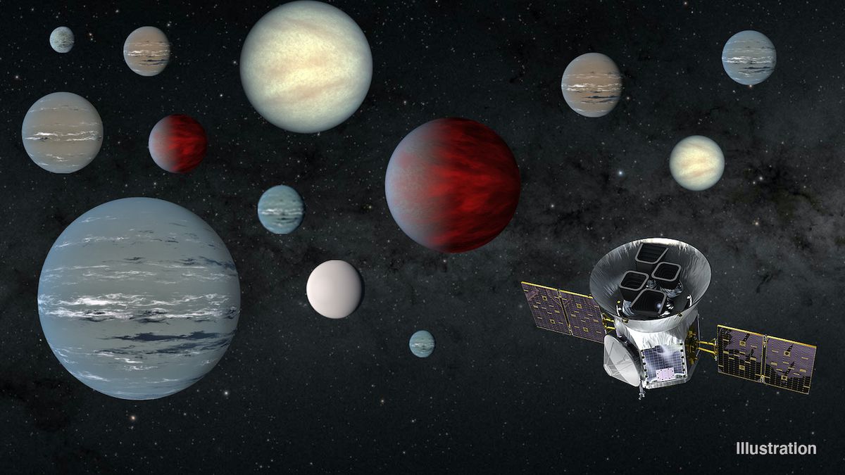 An artist&#039;s depiction of the TESS spacecraft and some of the exoplanets it has spotted.