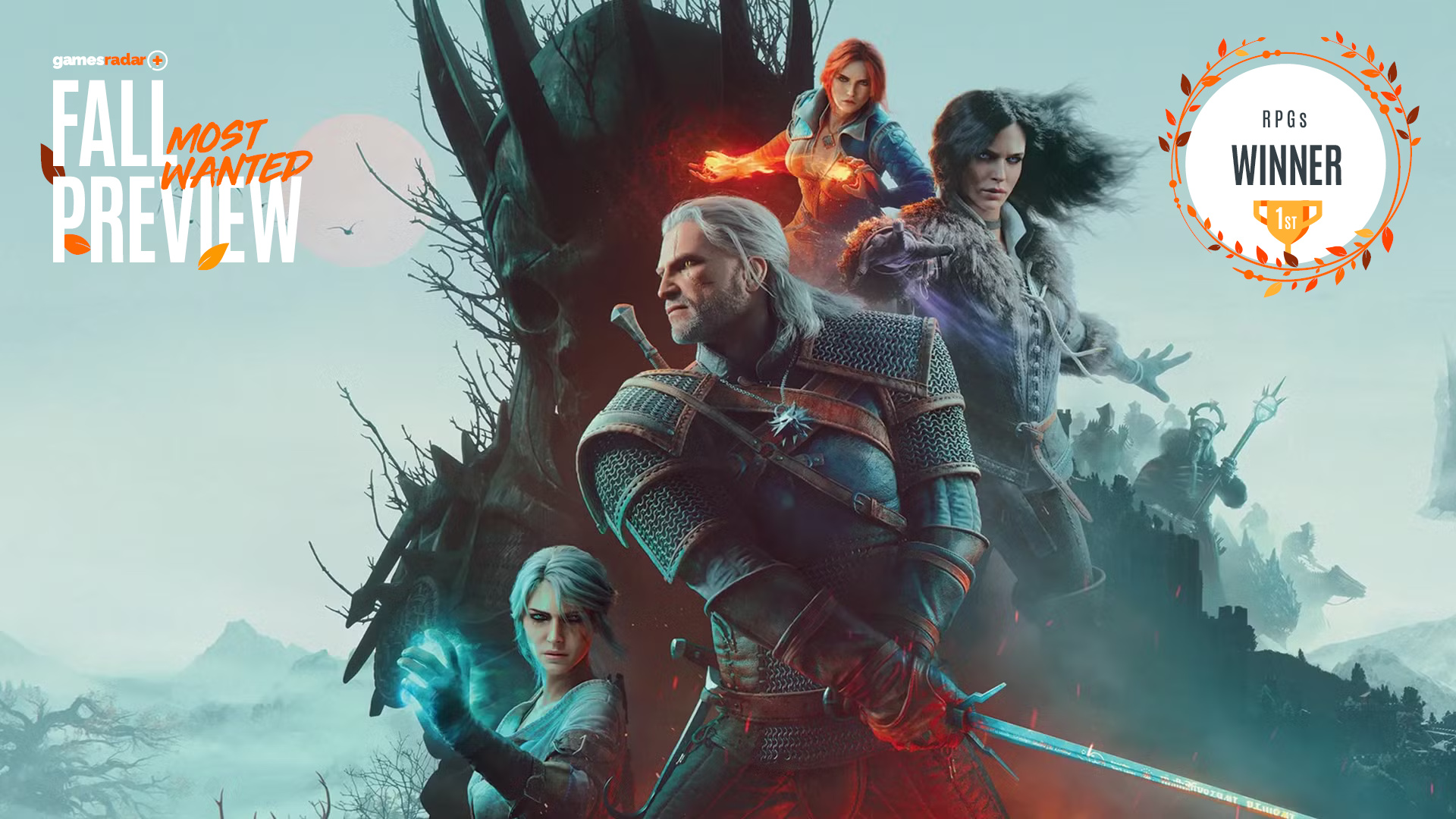 Key art for The Witcher 3 Remasted showing Geralt, Ciri, Yennefer, and Trish against The Wild Hunt in a collage - with the GamesRadar+ Fall Preview badge