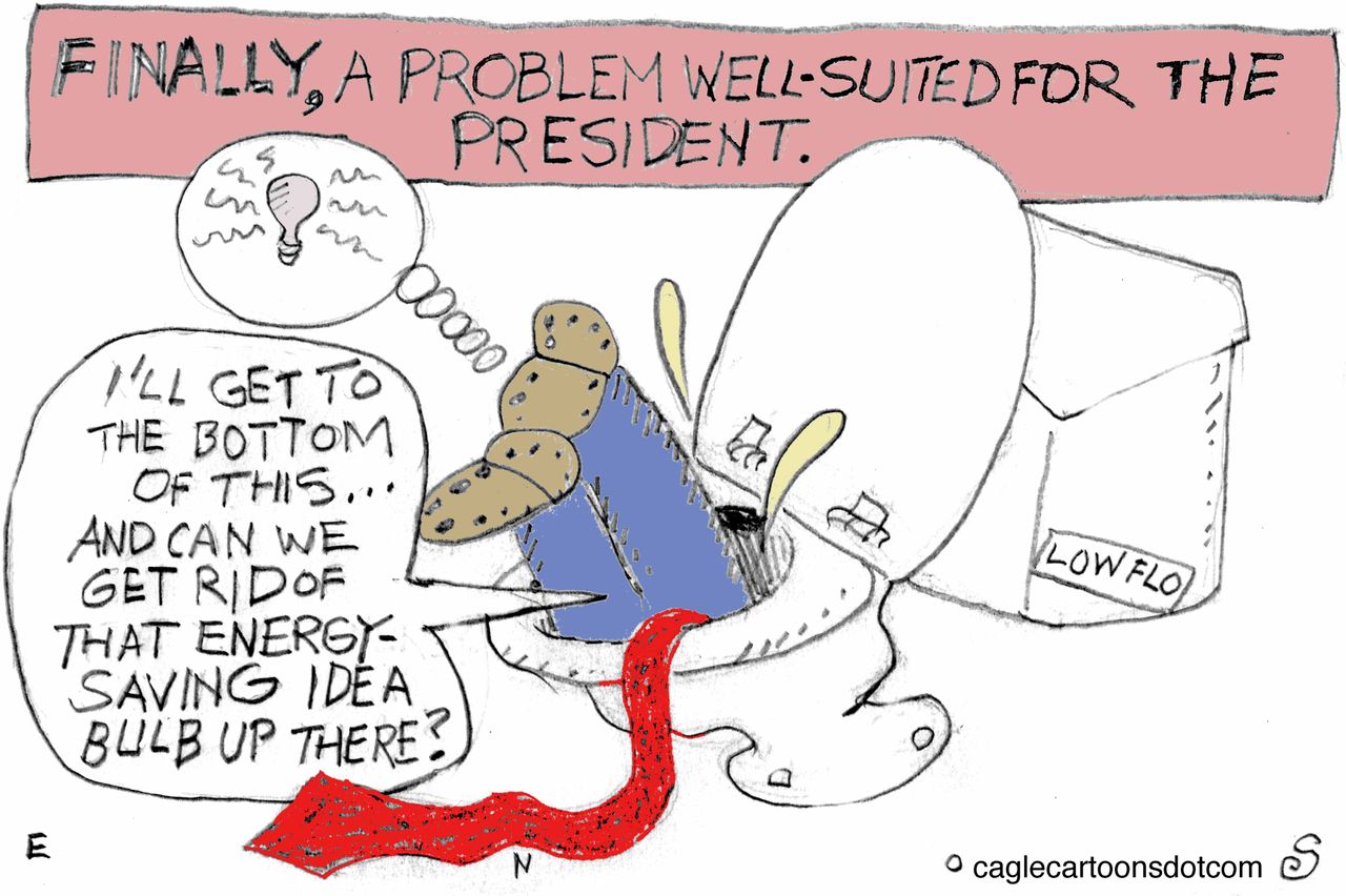 Political cartoon U.S. Trump Down Toilet Energy Saving Idea