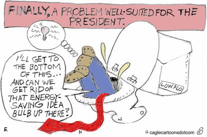 Political cartoon U.S. Trump Down Toilet Energy Saving Idea