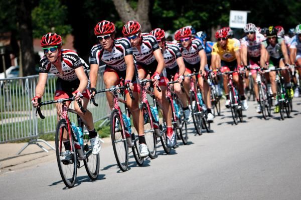 Jamis-Sutter Home riders patrol the front in defense of the yellow jersey.