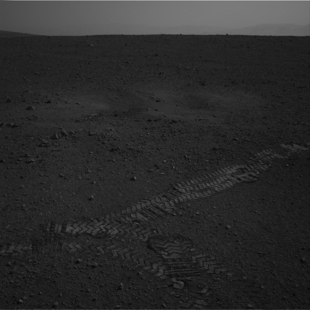 Curiosity&#039;s Tire Tracks on Mars with Horizon in Distance