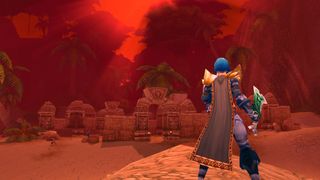 WoW SoD Phase 2 - a player is standing in a red-skied Stranglethorn Vale during the Blood Moon PvP event