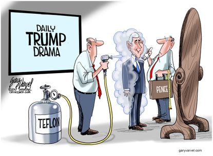 Political cartoon U.S. Pence teflon spray Trump tweets