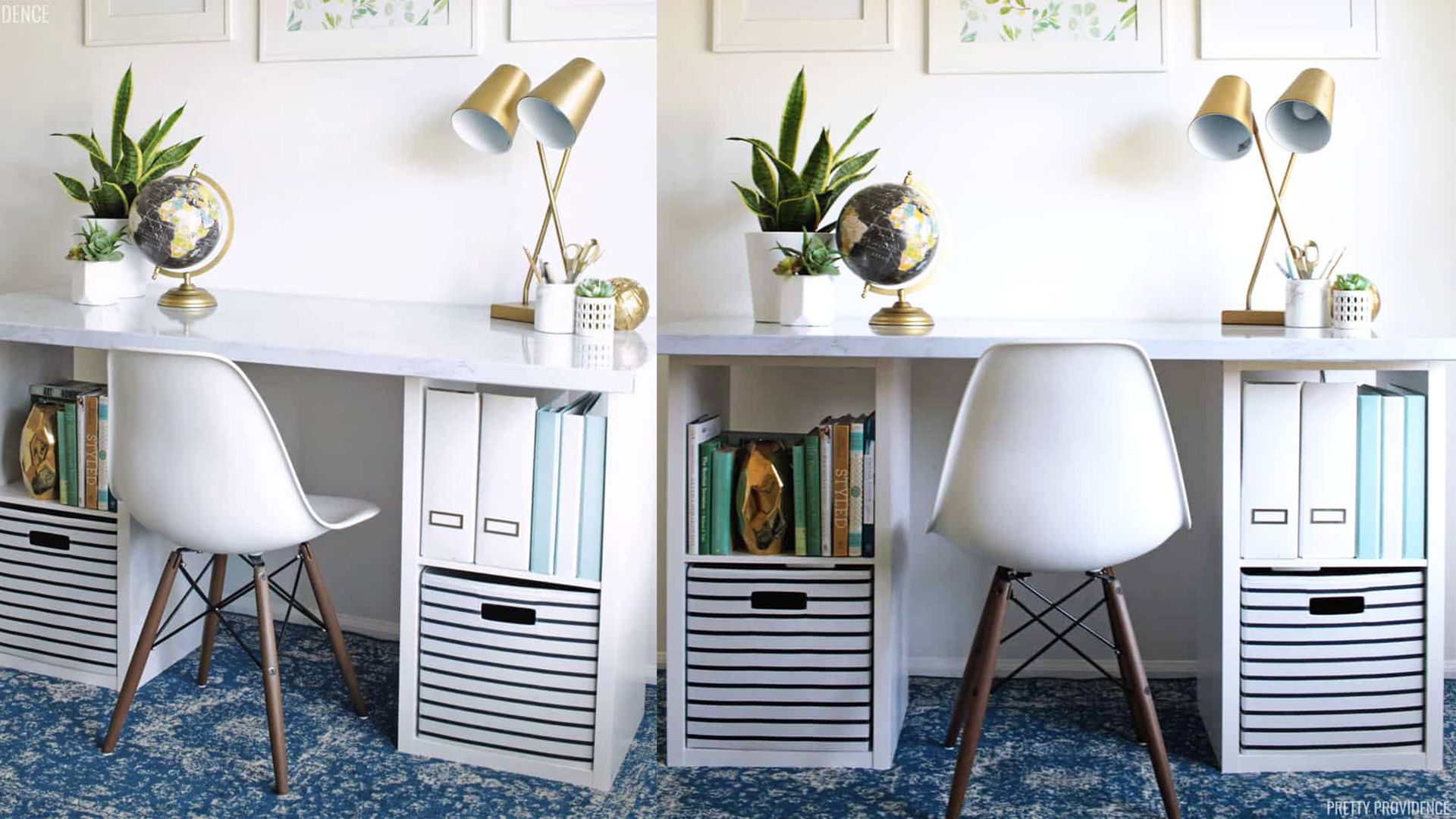 basic white Ikea desk hack with cube storage on either end with white tub chair