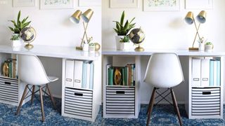 basic white Ikea desk hack with cube storage on either end with white tub chair