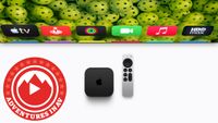 An Apple TV 4K and a TV showing the home menu on a white background, next to a logo that reads "Adventures in AV"