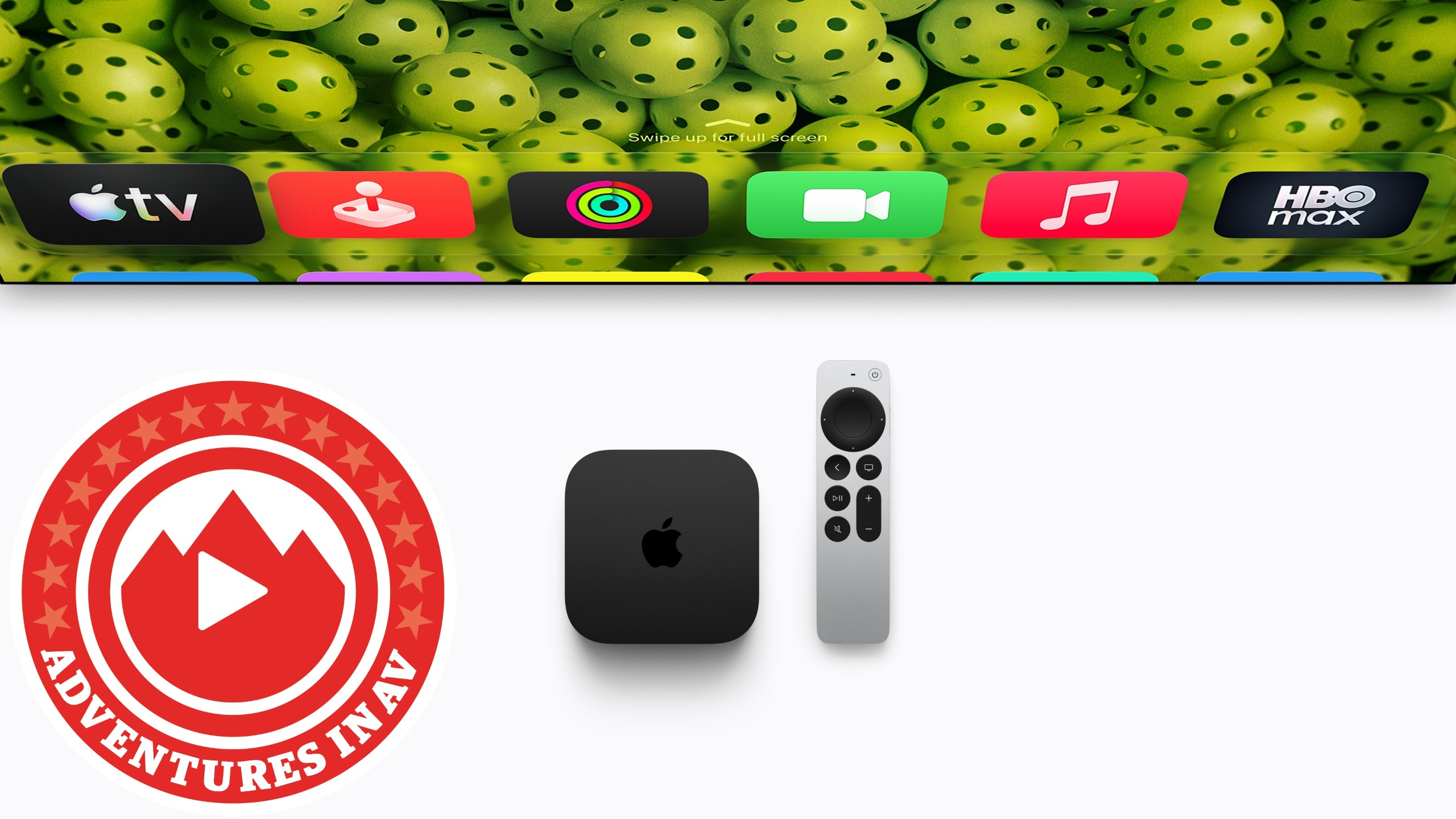 An Apple TV 4K and a TV showing the home menu on a white background, next to a logo that reads "Adventures in AV"