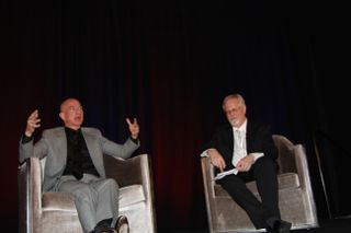 Jeff Bezos makes a point during a fireside chat with Alan Boyle.