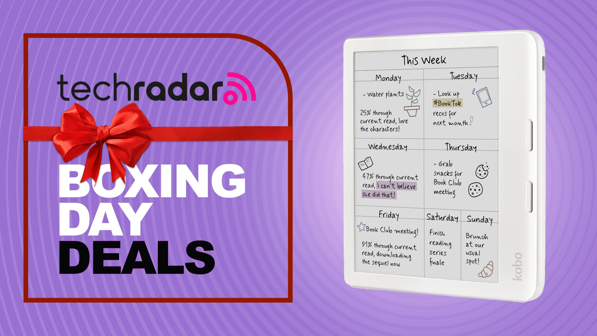 A white Kobo Libra Colour ereader on a purple TechRadar Boxing Day deals background