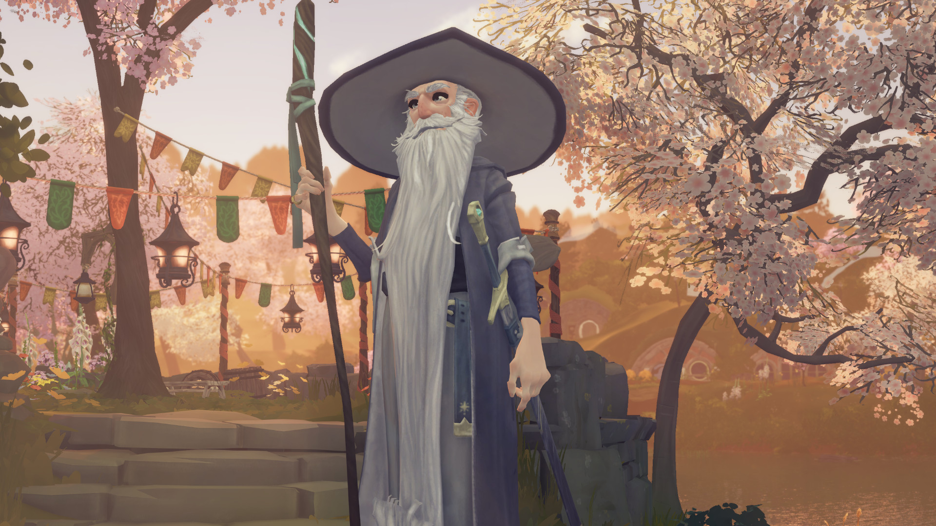 A screenshot of Gandalf standing in Bywater during the Lord of the Rings game, Tales of the Shire