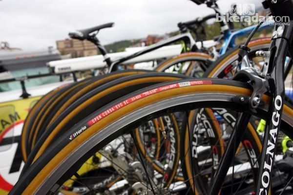 Several Team Type 1 spare bikes are equipped with Vittoria open tubular tires.