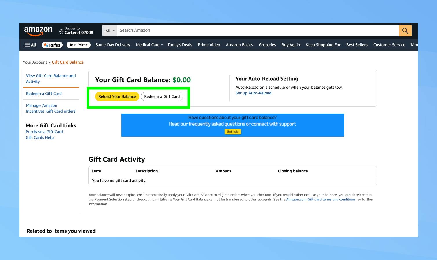 Reload Your Balance and Redeem a Gift Card highlighted on Amazon