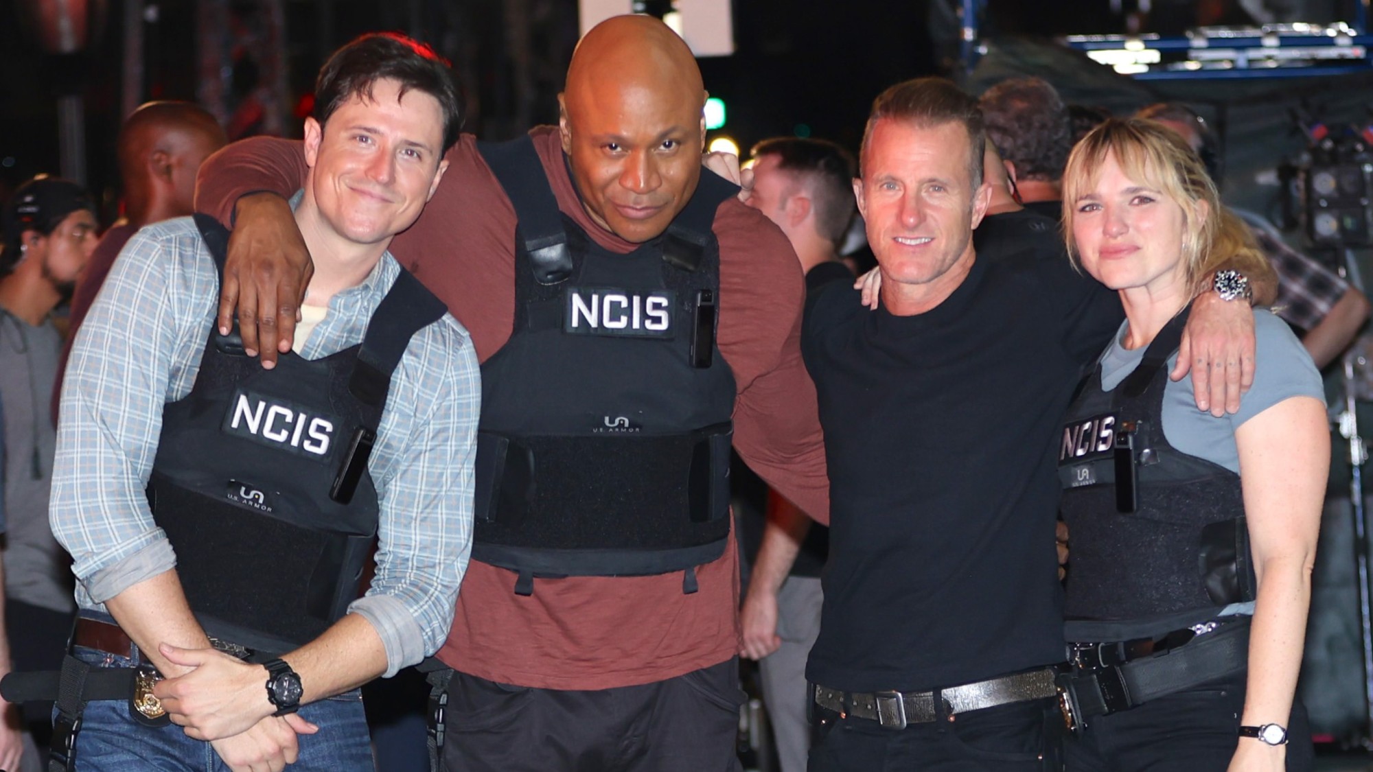Shane Harper, LL Cool J, Scott Caan and Jacqueline Byers are seen filming at the "NCIS: NY" set in Brooklyn on July 17, 2026 in New York City.