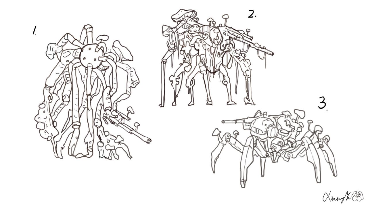 Concept art and screenshots from sci-fi shooter Mycopunk