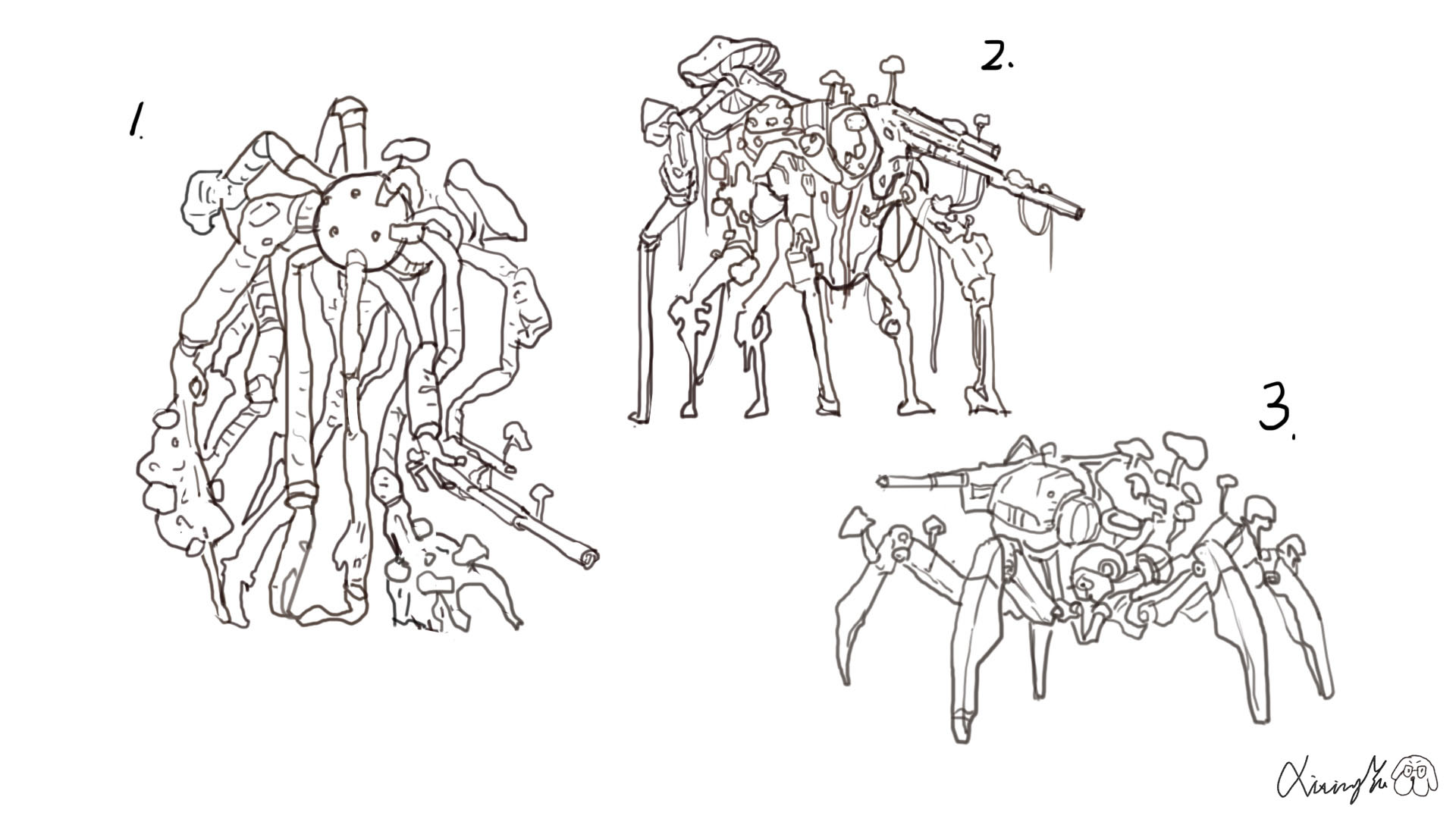 Concept art and screenshots from sci-fi shooter Mycopunk