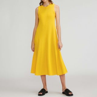 model wearing yellow Organic Cotton Waffle Tank Dress
