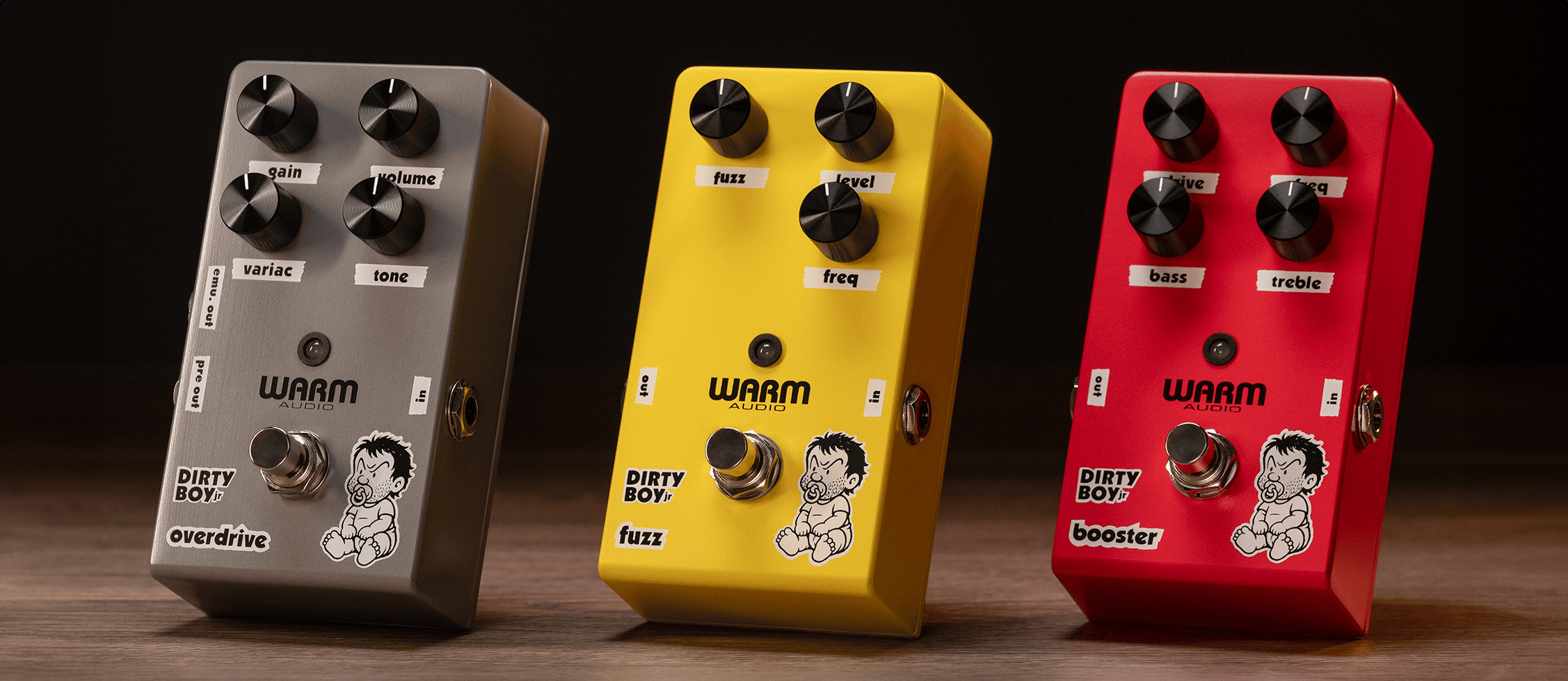 A photo of the three Warm Audio Dirty Boy Jr pedals: (from left) Dirty Boy Overdrive, Fuzz and Booster
