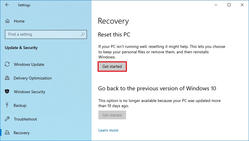 Windows 10 Reset This PC option