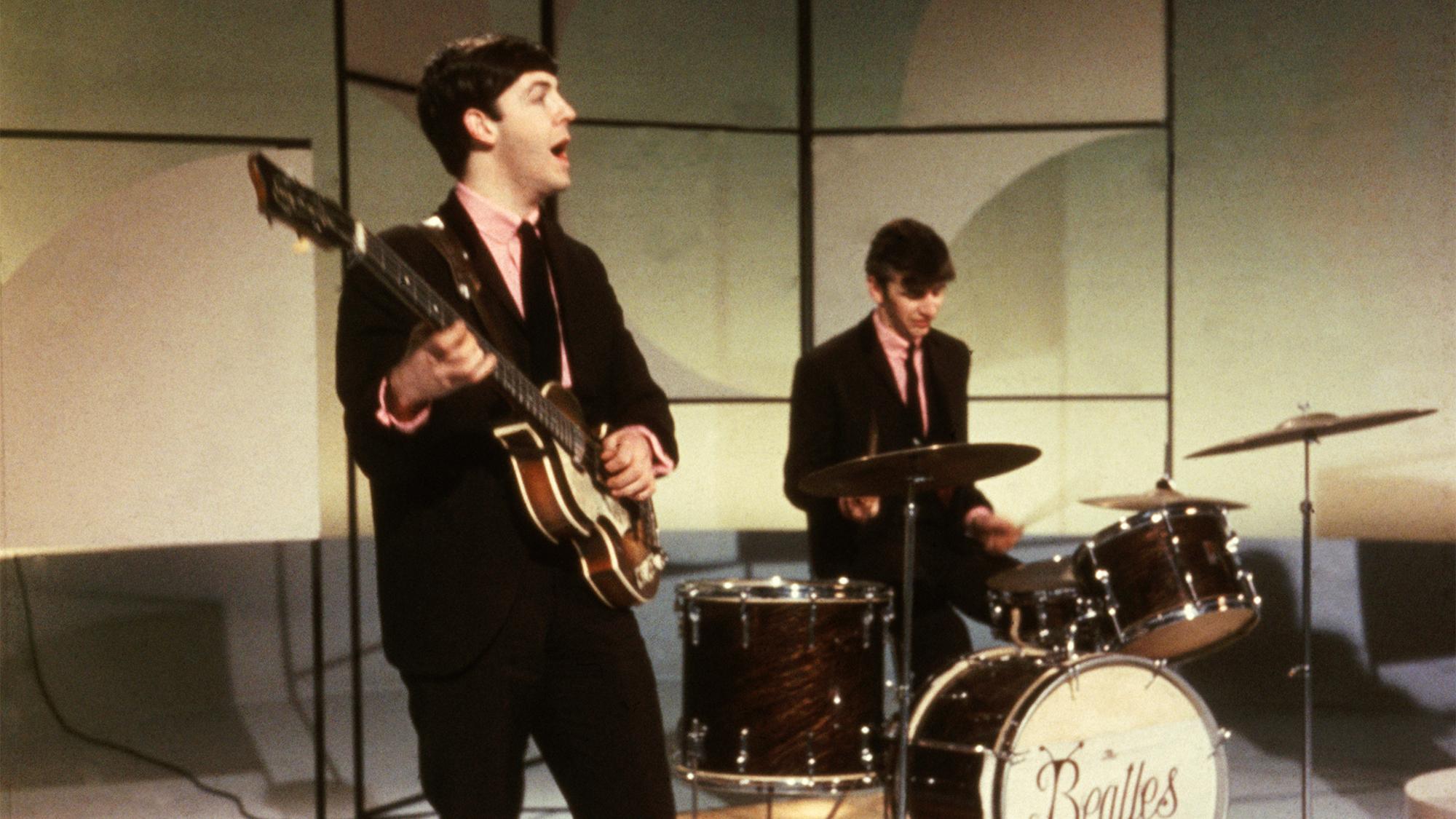 Paul McCartney and Ringo Starr of The Beatles performing during an early television performance on 'Thank Your Lucky Stars' on February 17th 1963.