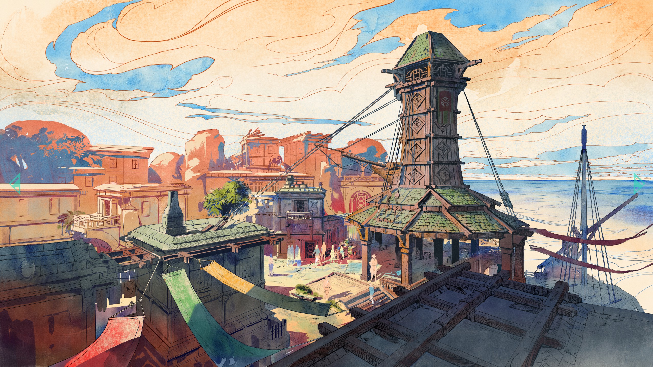 Elevated view of Shatterscarp colony in Avowed, showing large wooden tower at center of town.