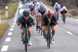 BESSGES FRANCE FEBRUARY 05 Tim Wellens of Belgium and Team Lotto Soudal Cyril Barthe of France and Team BB Hotels pb KTM during the 51st toile de Bessges Tour du Gard 2021 Stage 3 a 1548km stage from Bessges to Bessges Feeding Breakaway EDB2020 on February 05 2021 in Bessges France Photo by Luc ClaessenGetty Images