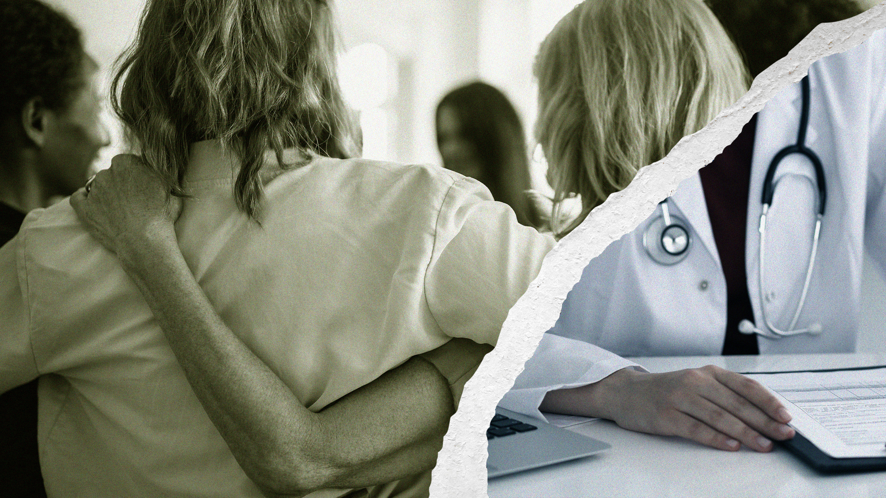 A split image shows two contrasting scenes: On the left, women sit close together with one resting an arm around another in a gesture of support. On the right, a doctor in a white coat with a stethoscope sits at a desk with paperwork, separated by a torn edge running down the middle.