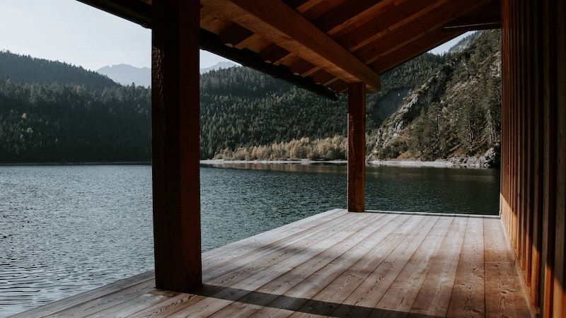 empty porch with mountains in background