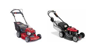 Honda and Toro lawn mowers sat side by side.
