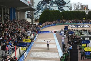 Mathieu van der Poel celebrates winning Paris-Roubaix 2024