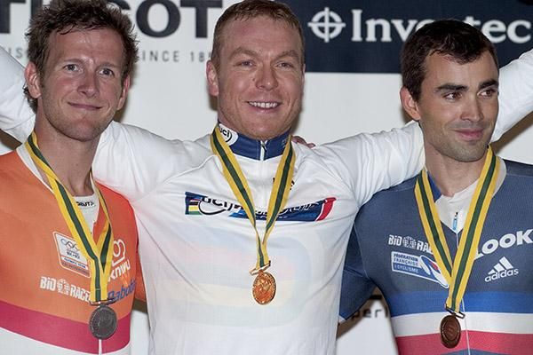 The men's keirin podium (l-r): Teun Mulder (2nd,NED), Sir Chris Hoy (1st,GBR) and Mickael Bourgain (3rd,FRA).
