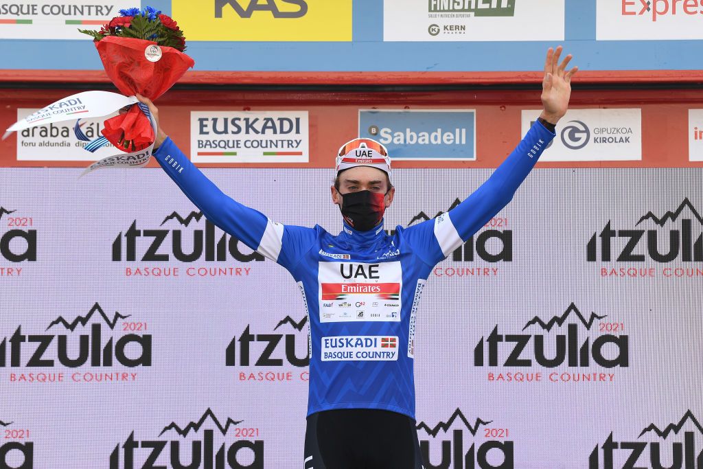 ONDARROA SPAIN APRIL 09 Podium Brandon Mcnulty of United States and UAE Team Emirates Blue Best Young Rider Jersey Celebration during the 60th ItzuliaVuelta Ciclista Pais Vasco 2021 Stage 5 a 1602km stage from Hondarribia to Ondarroa Mask Covid Safety Measures itzulia ehitzulia on April 09 2021 in Ondarroa Spain Photo by David RamosGetty Images