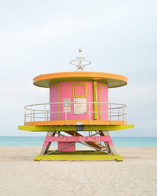 Pink cylindrical Miami lifeguard tower
