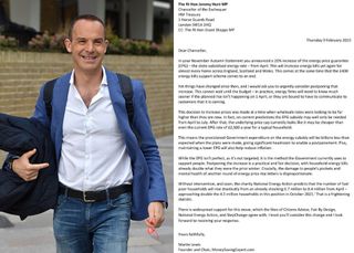 A picture of Martin Lewis walking along a street in a blue suit along side a screengrab of his letter to Jeremy Hunt