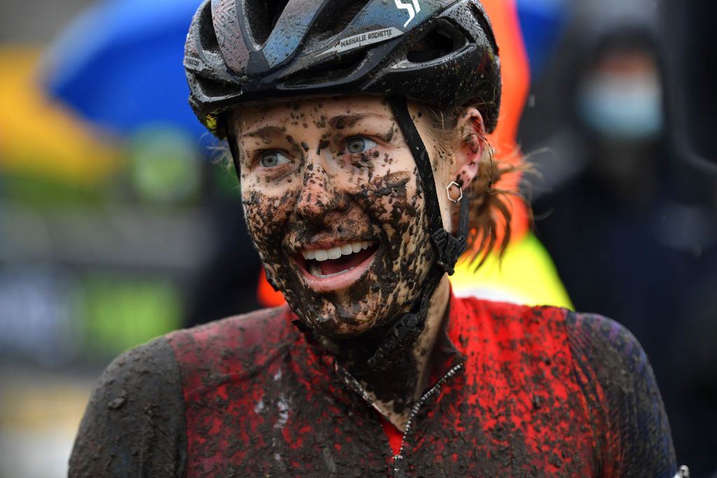 BOOM BELGIUM DECEMBER 04 Maghalie Rochette of Canada and Team SpecializedFeedback Sports catching breath covered in mud after the 7th Superprestige Cyclocross Boom 2021 Womens Elite SPBoom Superprestige2022 on December 04 2021 in Boom Belgium Photo by Luc ClaessenGetty Images