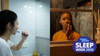 A split-screen comparison showing a woman brushing their teeth in a bathroom with harsh, bright white LED overhead lighting on the left, and a woman performing skincare in a warm, amber-toned dimly-lit bathroom on the right.