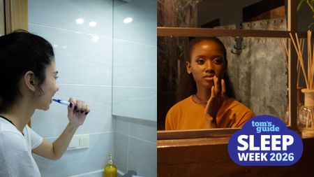 A split-screen comparison showing a woman brushing their teeth in a bathroom with harsh, bright white LED overhead lighting on the left, and a woman performing skincare in a warm, amber-toned dimly-lit bathroom on the right.
