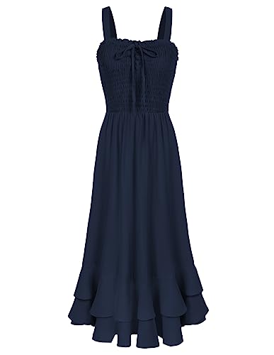 Grace Karin Women Summer Casual Maxi Dresses Smocked Strappy a Line Boho Dress Square Neck Navy Blue S