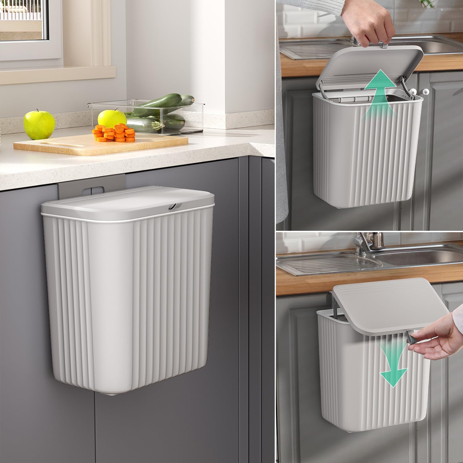 Warmiehomy Kitchen Bin Hanging Trash Can With Lid Wall-Mounted Waste Bin for Kitchen Cabinet Door Under Sink Compost Bins With Sliding Cover for Cupboard, Bathroom